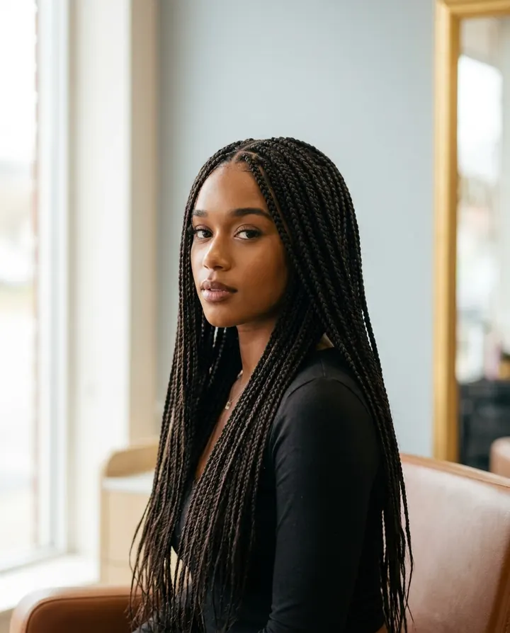 Long knotless braids falling past the shoulders