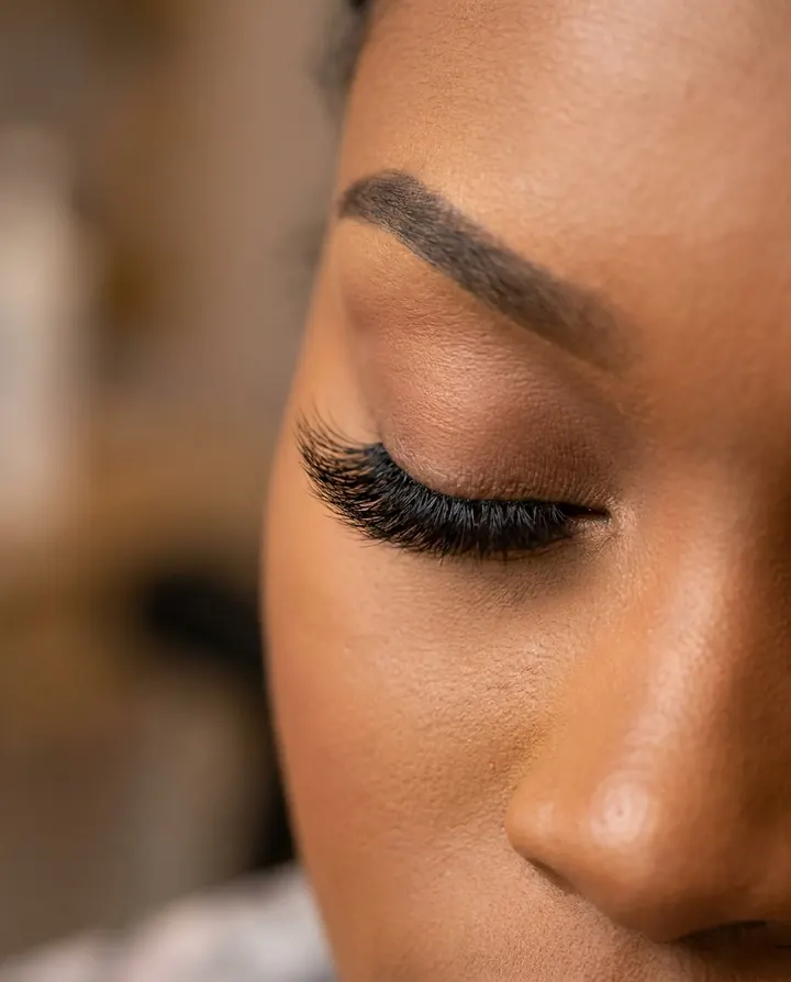 Sculpted brow and lash detail