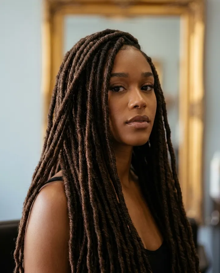 Long faux locs with a soft matte texture