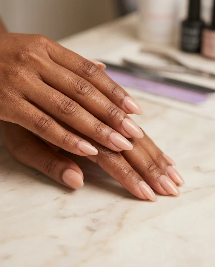 Glossy nude-pink gel overlay on almond nails